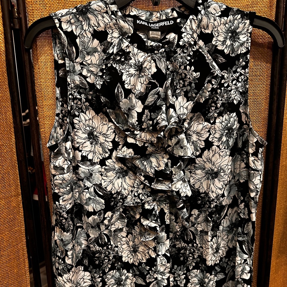 Karl Lagerfeld Blouse Size S:  Shades of blue with black background. Stunning.
